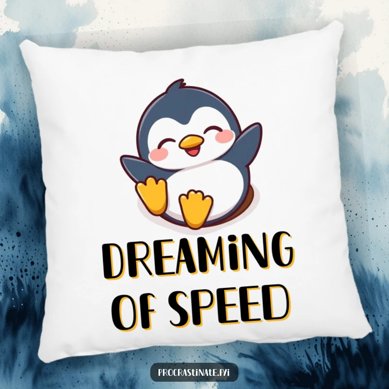 Funny pillow with a gleeful penguin character joyfully sliding down a snowy incline, eyes closed in happy abandon.