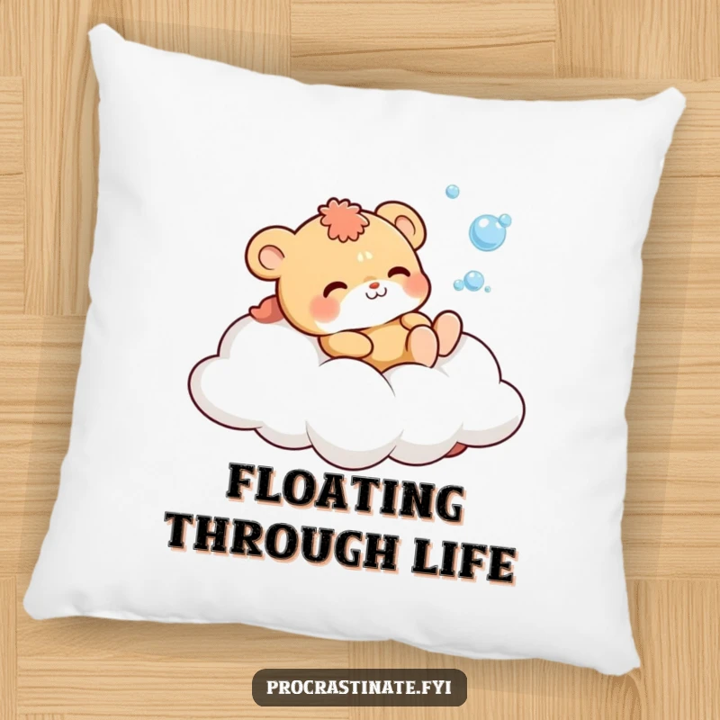 Funny Pillow with a cute animal character relaxing on a cloud, happily blowing bubbles, offering soft, comforting charm.