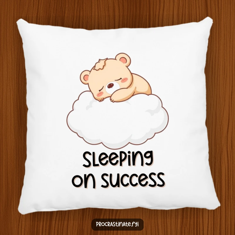 Funny sleepy bear cub napping soundly on a soft cloud, printed on a cozy and decorative pillow.