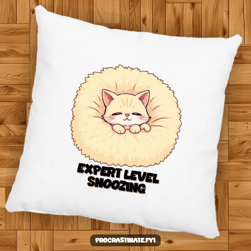 Funny pillow featuring a contented cat lounging with half-closed eyes on a giant, fluffy blanket, designed for ultimate comfort.