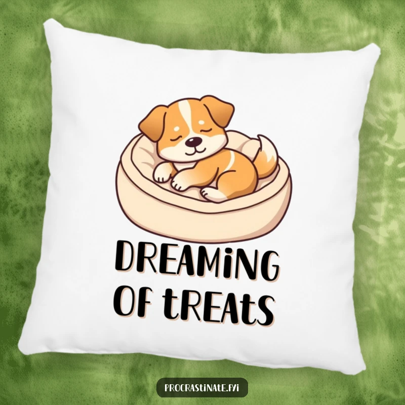 Funny pillow featuring a content dog dozing in a cozy dog bed, its tail giving a soft thump, designed for maximum comfort.