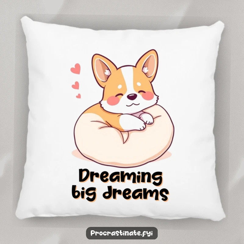 Funny happy corgi curled up on a plush pillow, dreaming, printed on a cozy and decorative pillow.