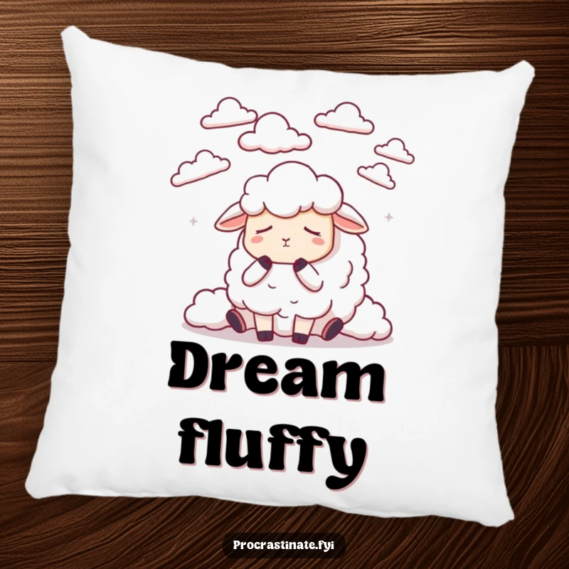 Funny dozing sheep counting stylized clouds, embodying serene comfort and dreaminess in pillow form.