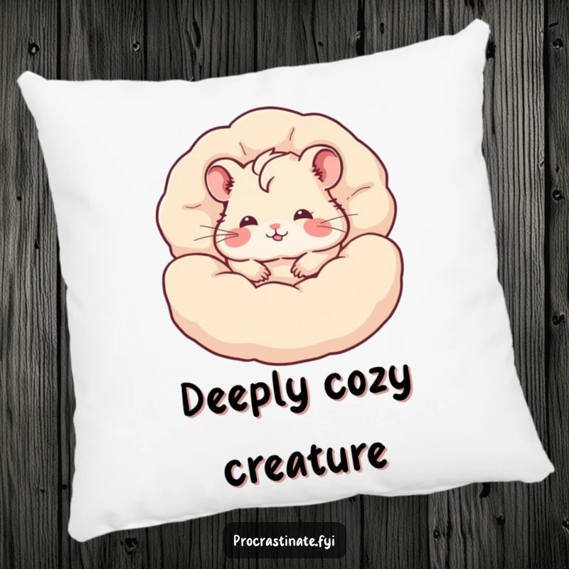 Funny hamster pillow with a content hamster burrowed deep within a pile of fluffy pillows, a comfortable and humorous decor item.