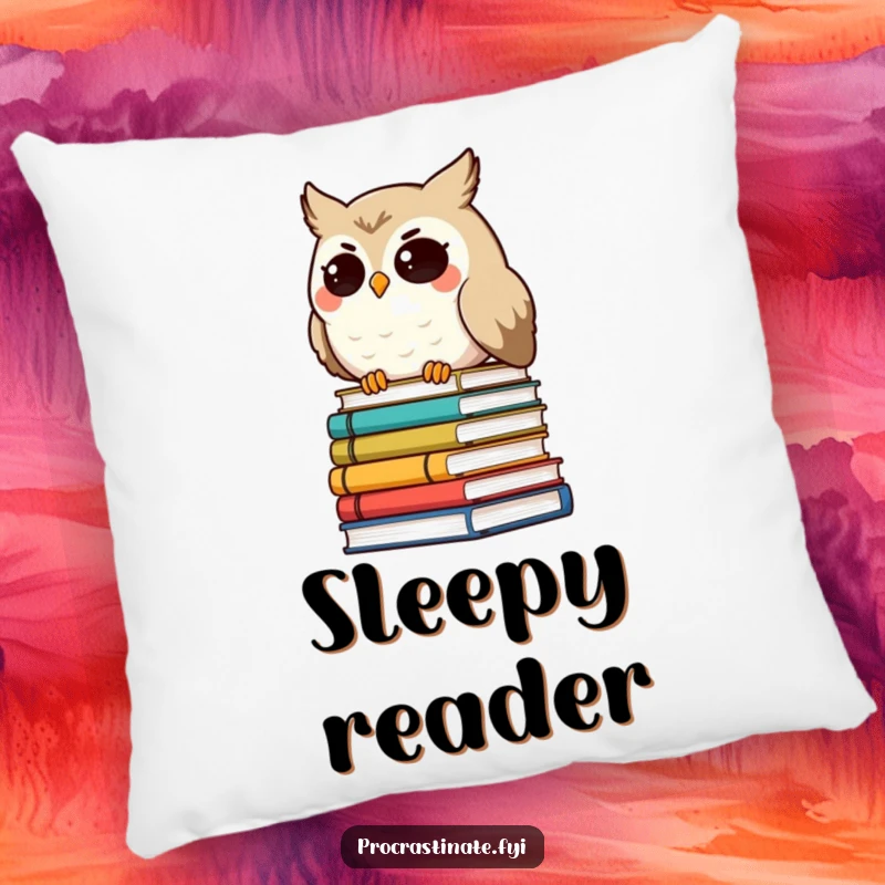 Funny smiling owl character with droopy eyes, leaning on a tilted stack of books, a soft and funny decorative pillow.