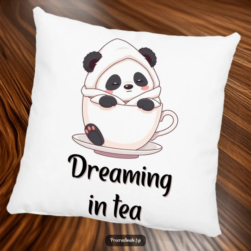Funny Panda Relaxation Pillow: A panda in a bathrobe relaxes in a teacup, offering soft comfort and humorous serenity.