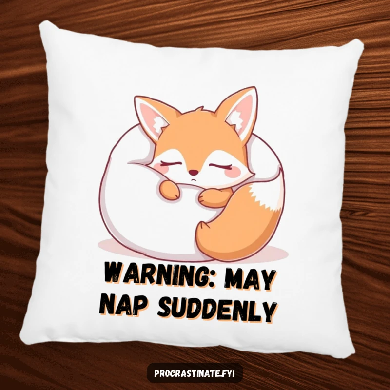 Funny sleepy fox pillow cover featuring a cute fox character peacefully snoozing, tucked inside a giant, inviting pillow. A symbol of comfort.
