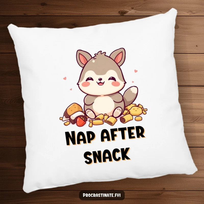 Funny pillow featuring a happy animal character's satisfied grin amidst a scattering of snack remnants, perfect for cozying up.