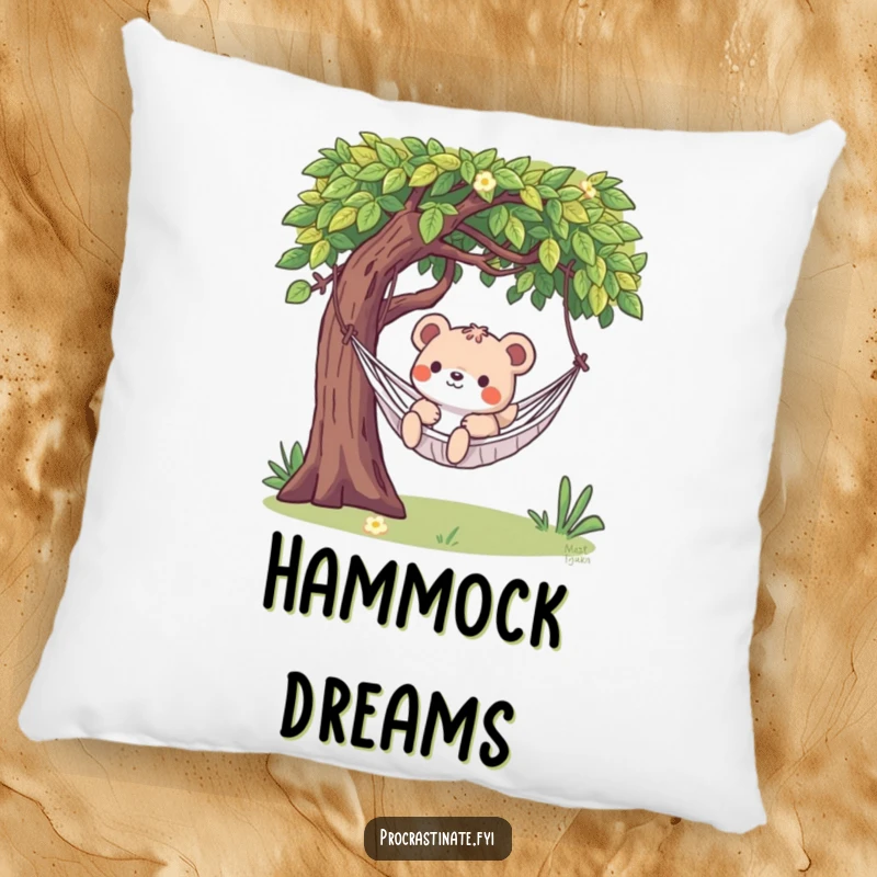 Funny pillow featuring a playful animal character relaxing in a hammock, bringing a sense of calm and humor.