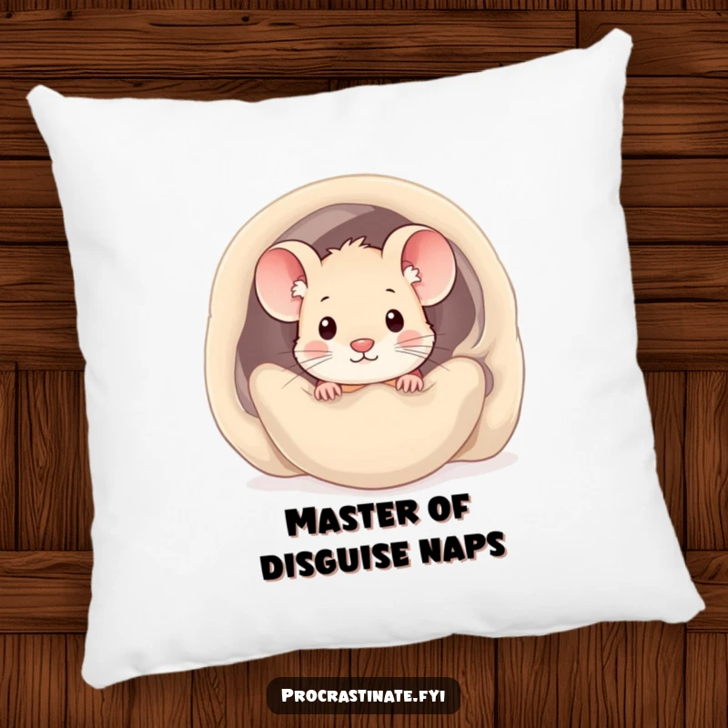 Funny kawaii mouse pillow featuring a cute mouse peeking out from under a cozy blanket, perfect for cuddling and relaxation.