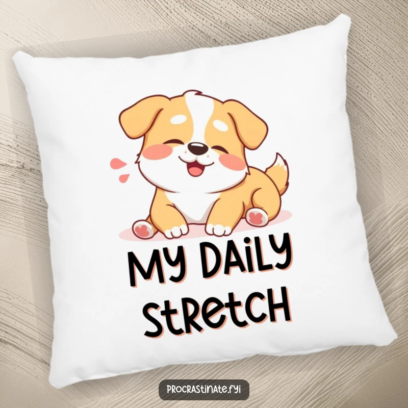 Funny happy dog pillow featuring a contented dog character stretching lazily with a happy sigh. Cozy comfort companion.