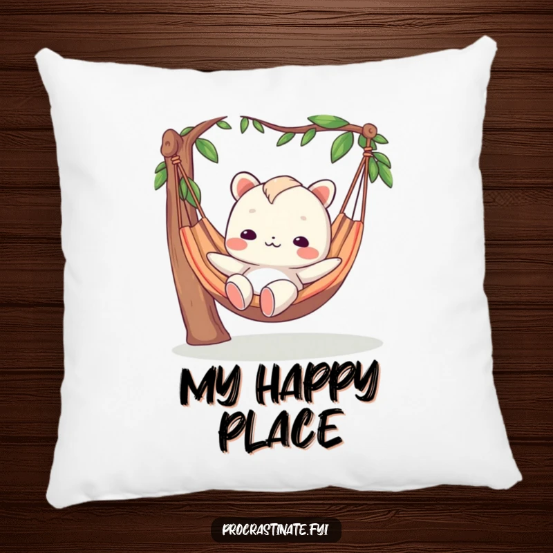 Funny pillow with a creature in a hammock, sporting a blank, blissful expression, perfect for adding comfort and humor.