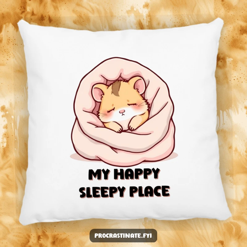 Funny kawaii hamster sleeping soundly in a pile of blankets, a soft and cute decorative pillow.