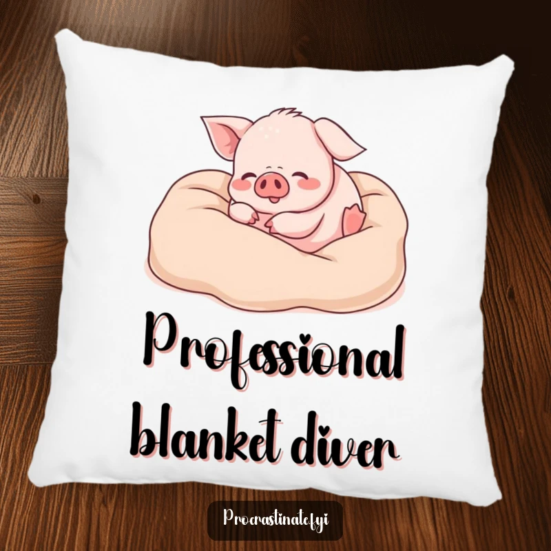 Funny piglet pillow featuring a happy piglet rolling in soft blankets, adding a touch of cozy humor to any sofa or bed.