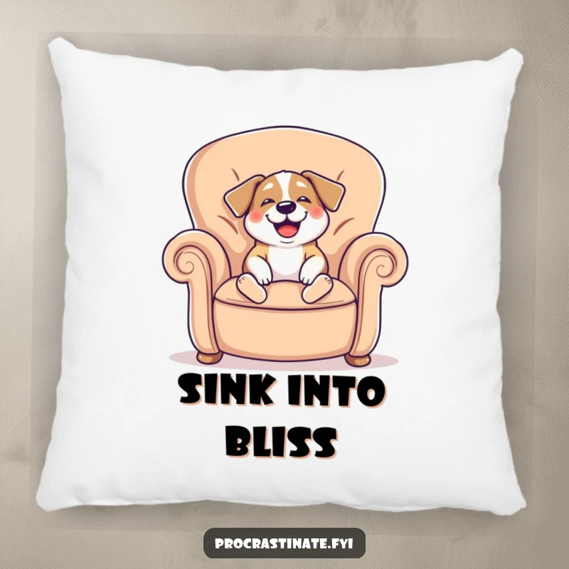 Funny pillow featuring a cheerful dog sighing happily while sinking into a giant comfy armchair, designed for ultimate comfort.