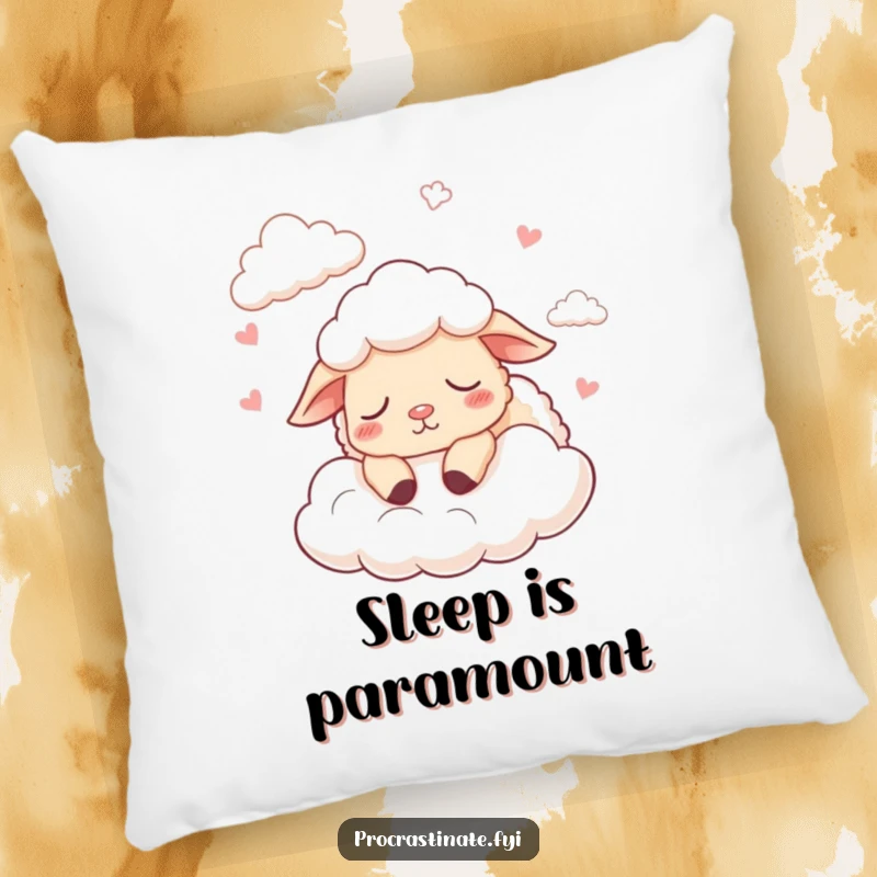 Funny pillow with a cartoon sheep drowsily counting fluffy clouds and falling asleep, soft and decorative.