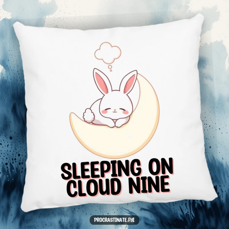 Funny bunny pillow depicting a smiling bunny sleeping on a soft moon, with a dream bubble, creating a cozy and whimsical addition to any space.