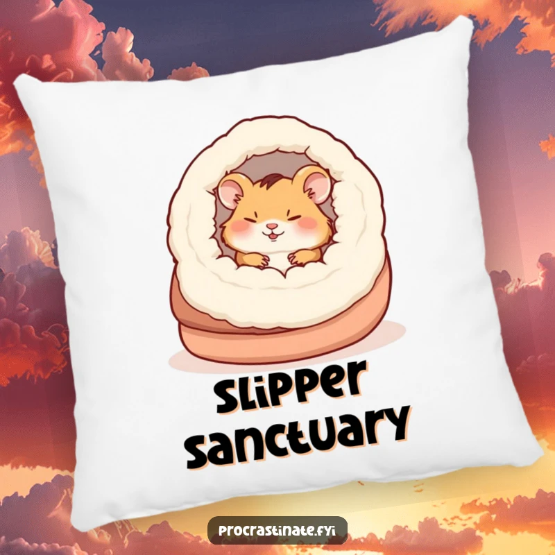 Funny happy hamster asleep inside an oversized slipper, the definition of cozy comfort in pillow form.