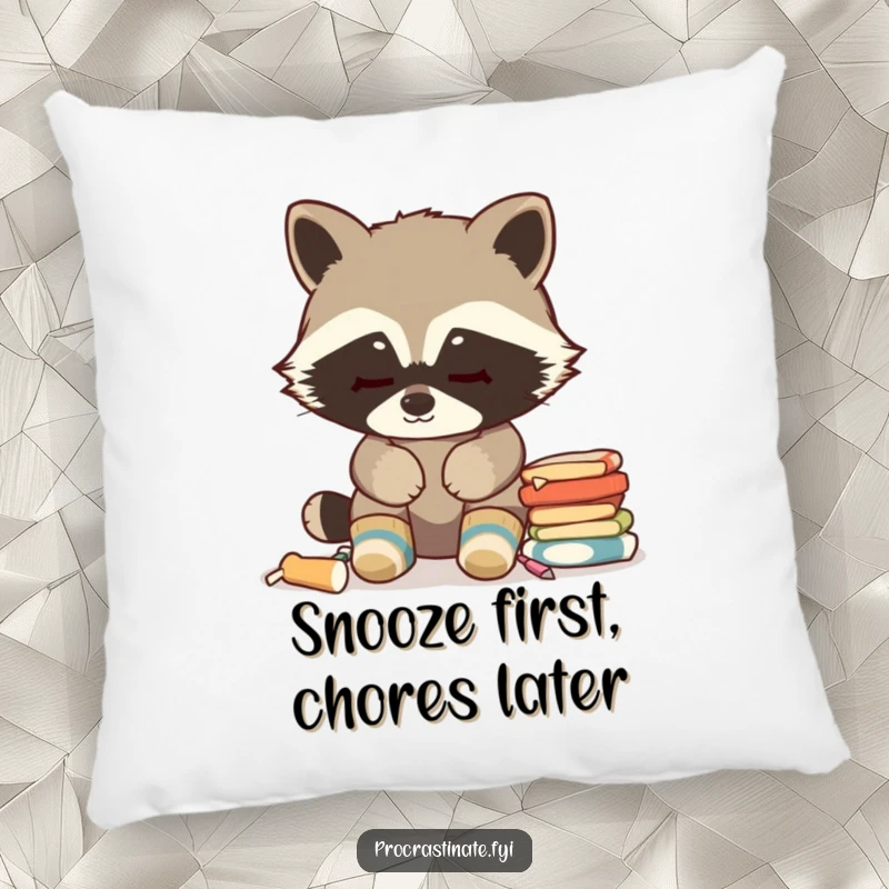 Funny Raccoon Pillow: Cozy socks, blank stare at chores, soft and humorous decor, ideal for funny gift and relaxation.