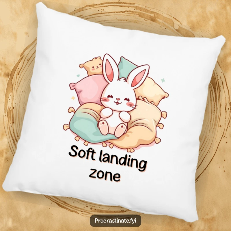 Funny bunny pillow featuring a playful bunny character surrounded by bouncing blankets and pillows. Cozy fun companion.