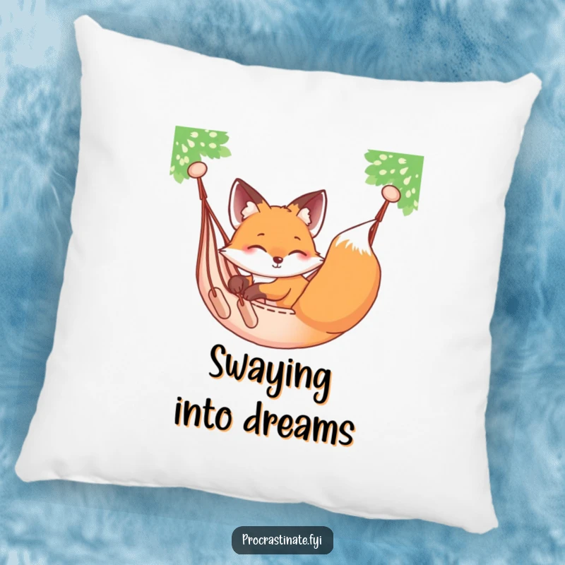 Funny relaxed fox sprawled on a hammock, gently swaying, on a soft and comfy decorative pillow.