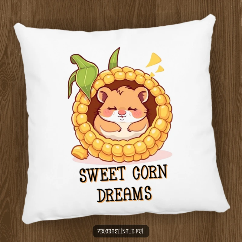 Funny pillow featuring a happy hamster napping inside a giant corn cob, smiling sweetly, designed for ultimate cozy comfort.