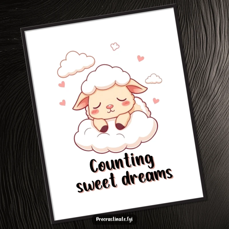 Funny digital art print of a content cartoon sheep counting fluffy clouds and falling asleep peacefully.