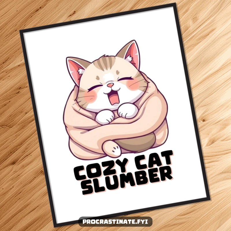 Funny Sleepy Cat Yawning Digital Art Print, a cat in a blanket yawning, perfect for cozy and humorous home decor.