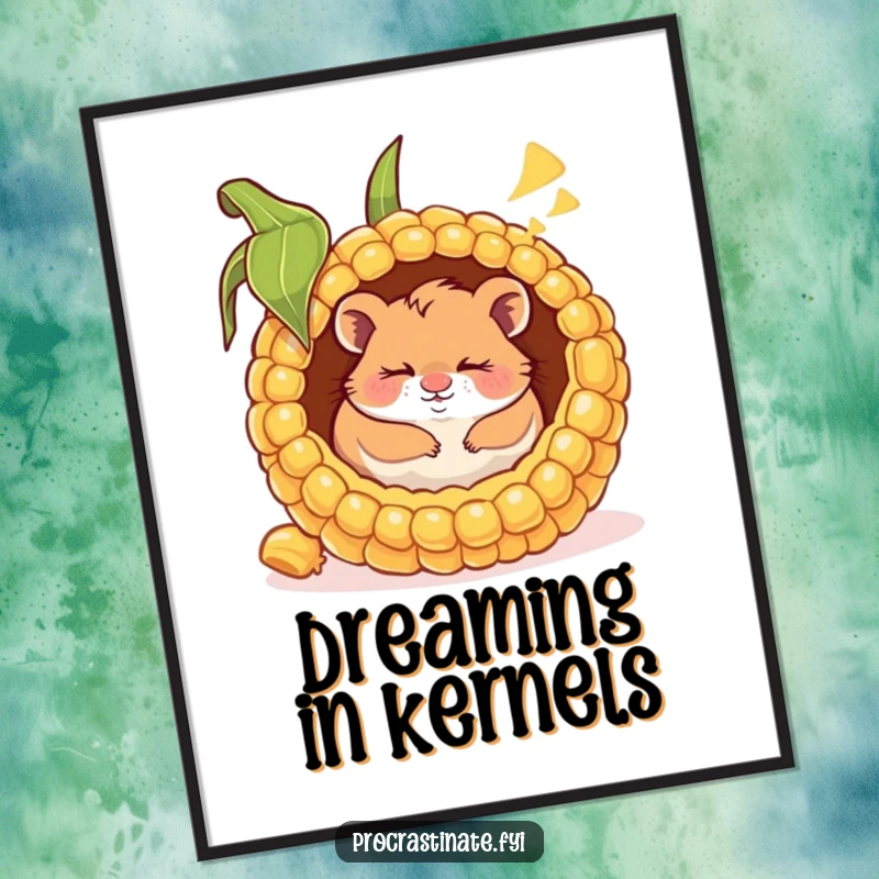 Funny digital art print of a happy hamster napping inside a giant corn cob, smiling in its dream, offering instant whimsical decor.