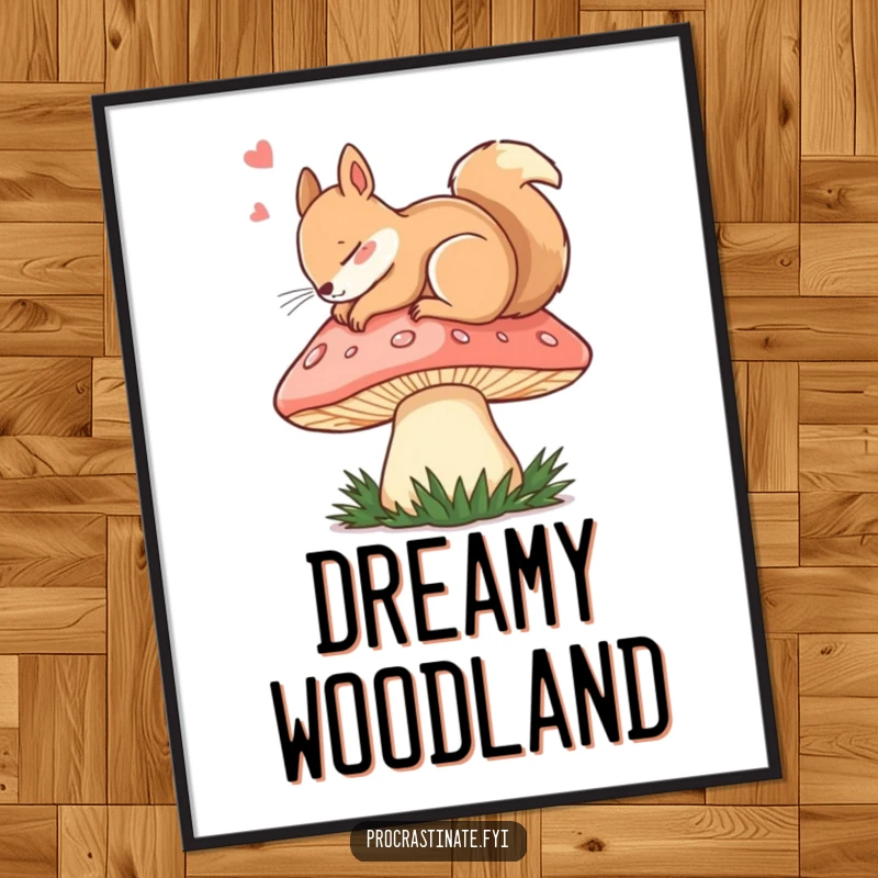 High-resolution digital art print of a funny dozing squirrel asleep on a giant mushroom cap, full of peace and charm.