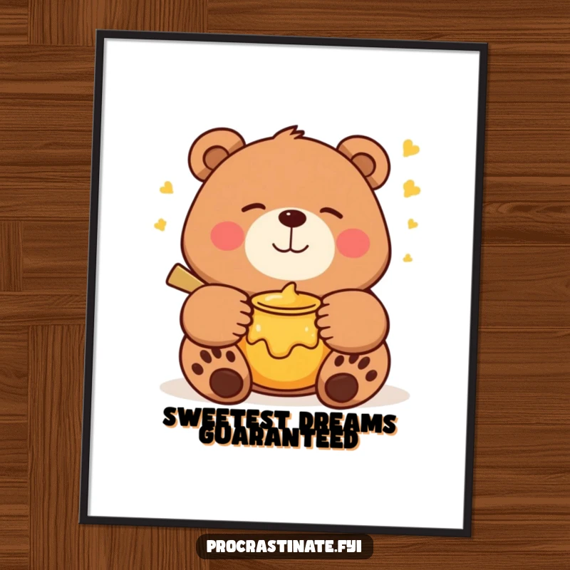 Funny bear digital art print featuring a smiling bear dreaming of a honey pot, perfect for whimsical and humorous wall decor.