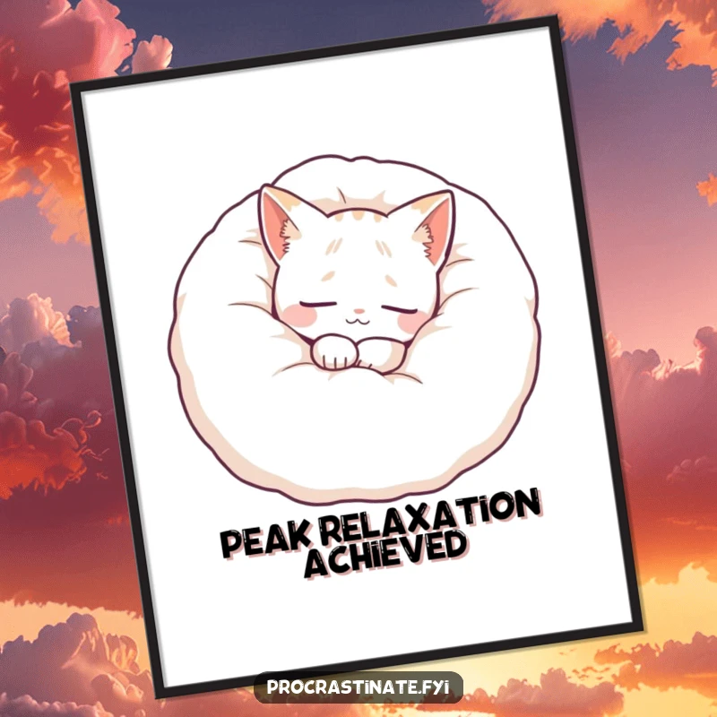 Funny cat pillow digital art print showing a peaceful feline curled up in a fluffy pillow, ideal for serene digital decoration.