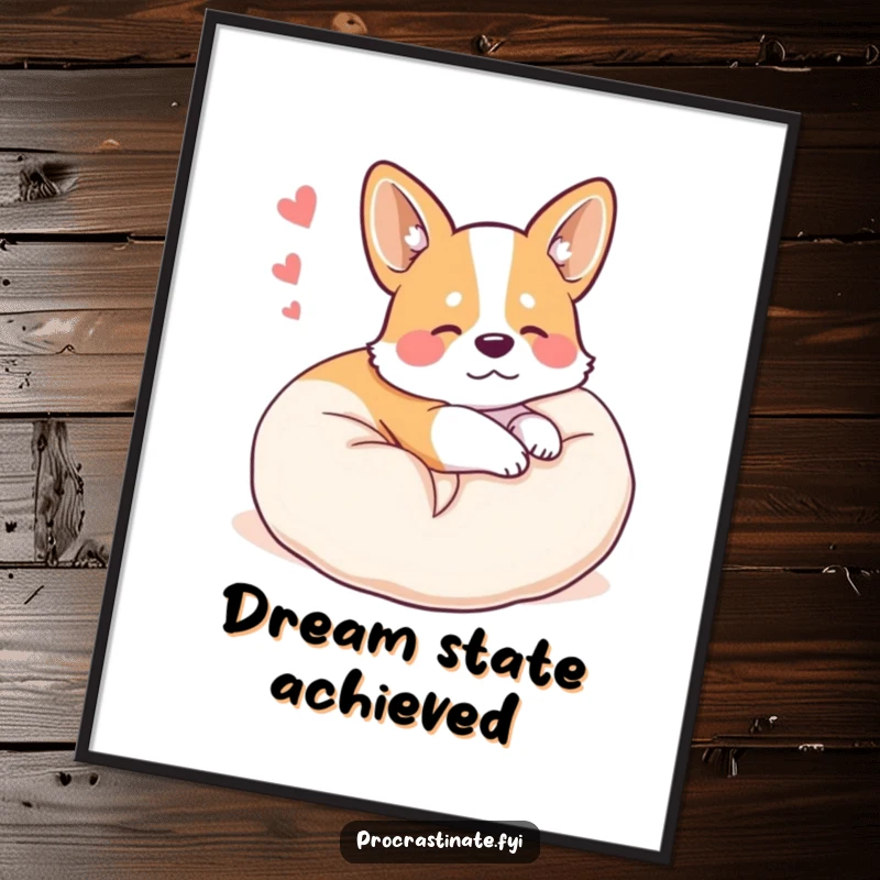 Funny happy corgi curled up on a plush pillow, dreaming, a charming digital art file for instant, humorous decor.