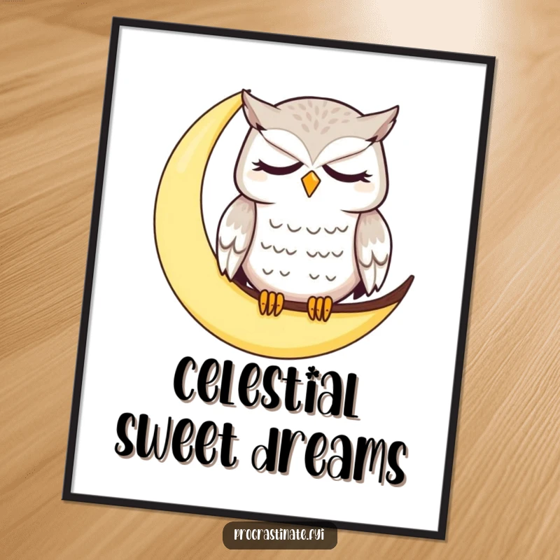 Funny owl digital art print featuring a dazed, sleepy owl on a crescent moon, perfect for humorous online or printable decor.