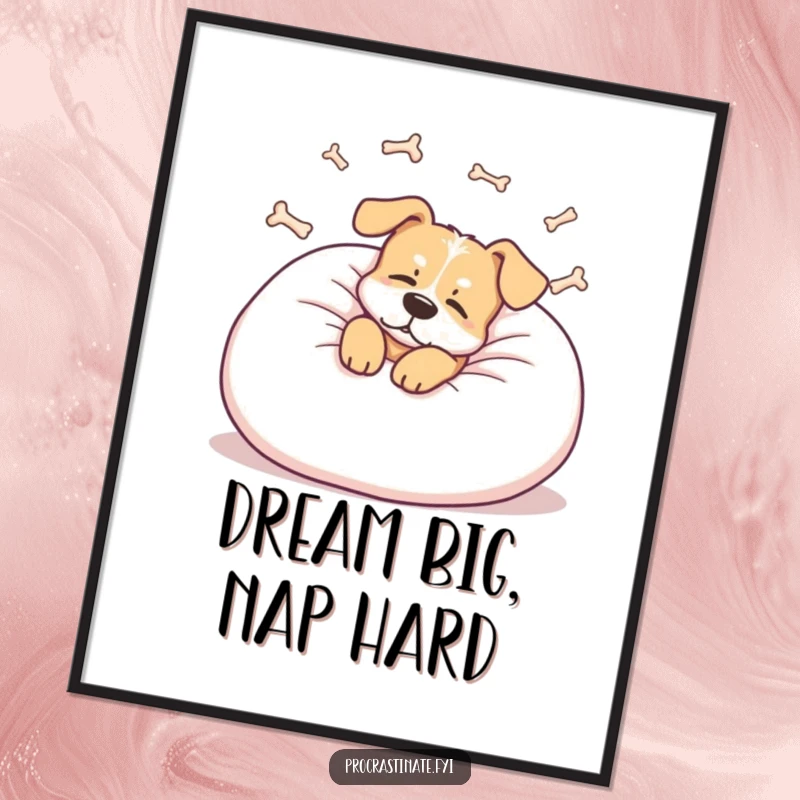 Funny dog digital art print of a relaxed dog lounging on a giant pillow, dreaming of bones, whimsical and humorous decor.