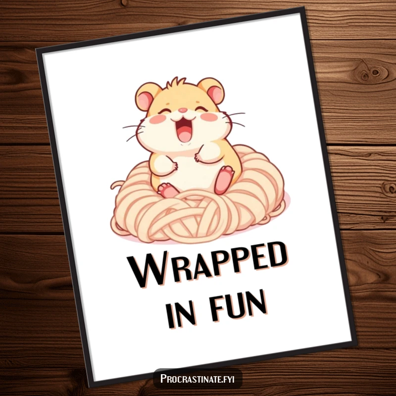 Funny giggling hamster character rolling happily in a pile of soft yarn, cute digital art for immediate download.