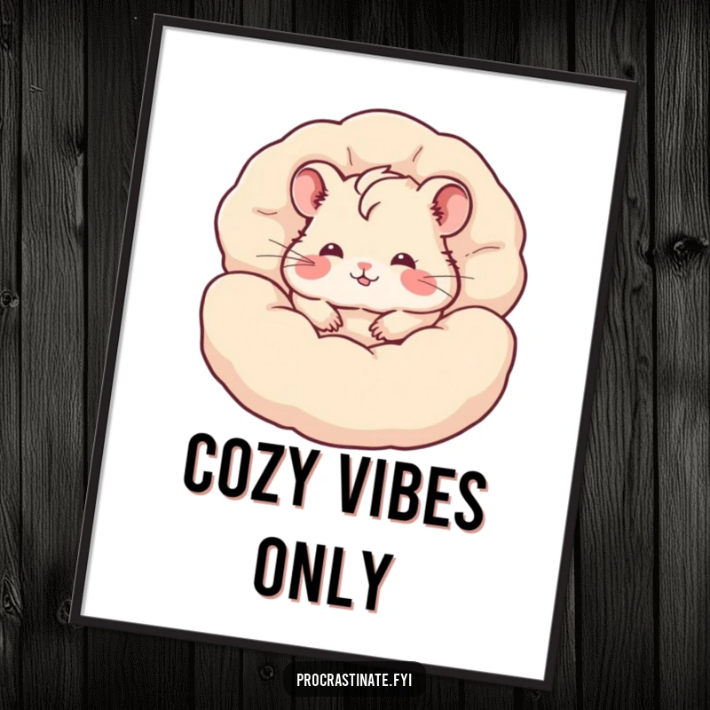 Funny hamster digital art print of a content hamster burrowed deep within a pile of fluffy pillows, cute and humorous decor.