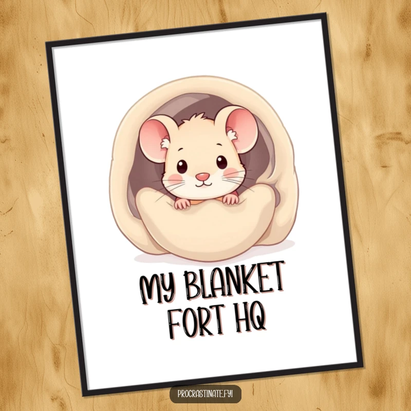Funny kawaii mouse digital art print of a cute mouse peeking from a cozy blanket, adding warmth and humor to walls.