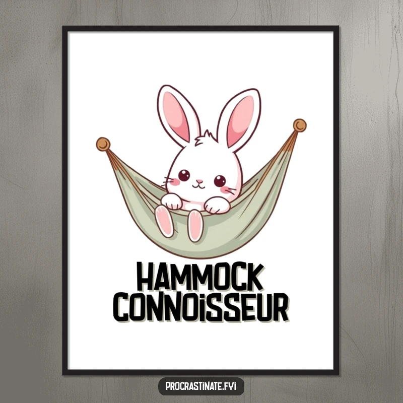 Funny kawaii rabbit comfortably lounging in a hammock, a calming digital art print.