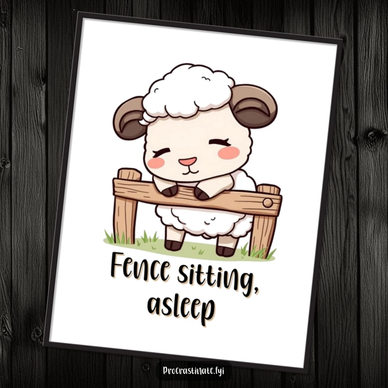 Funny kawaii sheep digital art print of a cute sheep gently nodding off by a fence, adding tranquility and humor.