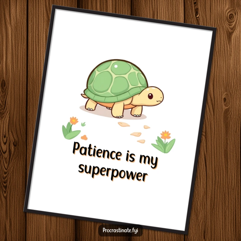 Funny kawaii turtle digital art print of a cute turtle slowly inching along a path, adding calm and humor to walls.