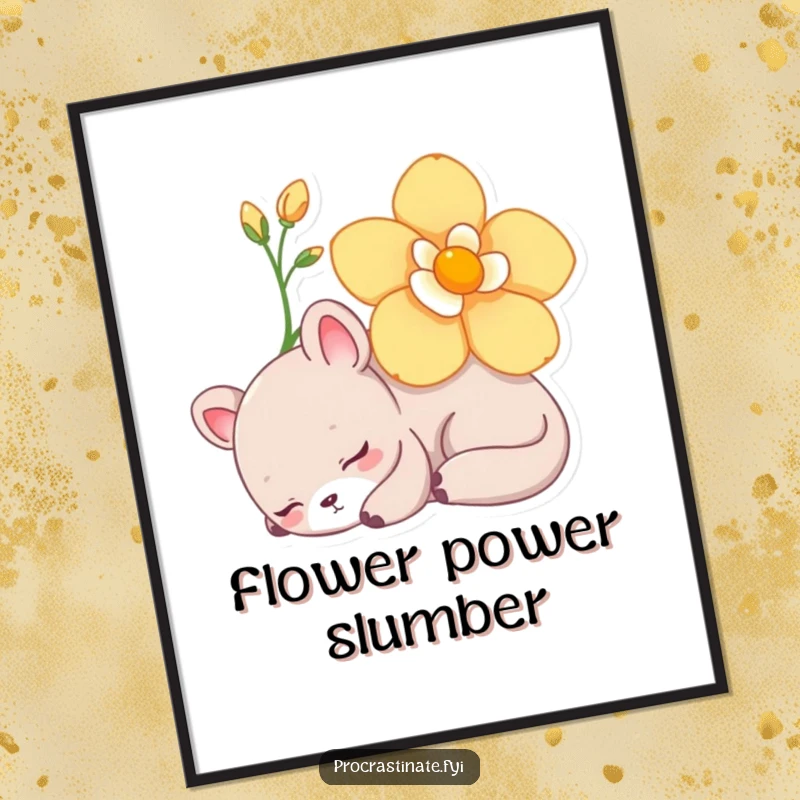 Funny Digital Art Print of a lazy animal character napping under a blooming flower, creating a peaceful and serene atmosphere.