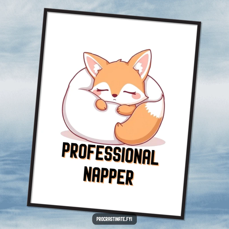 Funny sleepy fox digital art print of a cute fox character luxuriating in a giant pillow, exuding peace and humor. Instant home decor.