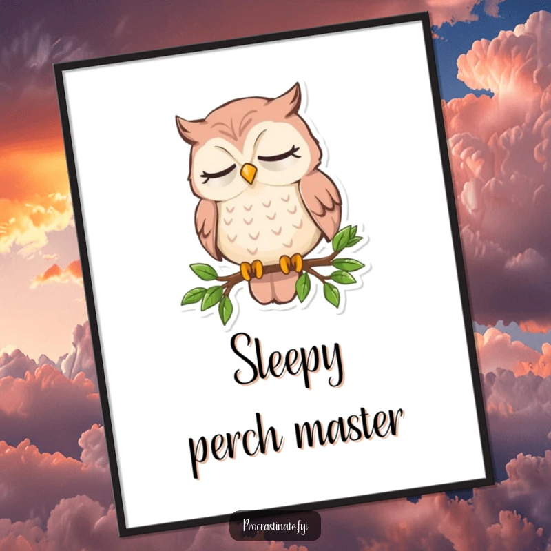 Funny sleepy owl digital art print of an owl dozing on a miniature branch, creating a peaceful and humorous visual.