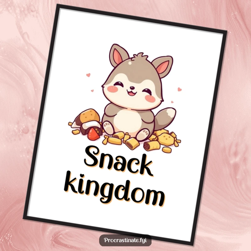 Funny digital art print of a happy animal character with a satisfied grin, surrounded by a glorious mess of snack wrappers.