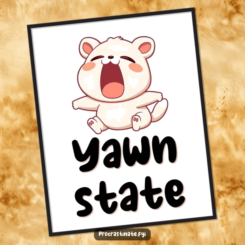 Funny digital art print of a contented animal character yawning widely while stretching, perfect for a relaxing ambiance.