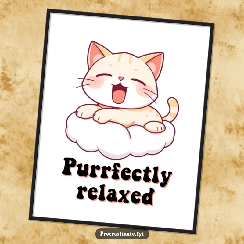 Funny yawning cat digital art print of a cute, kawaii cat on a cloud, yawning gently, bringing peaceful cartoon charm to any wall.