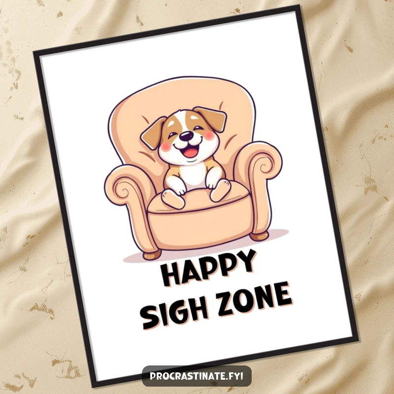 Funny digital art print of a cheerful dog sighing happily while sinking into a giant comfy armchair, ready to download.
