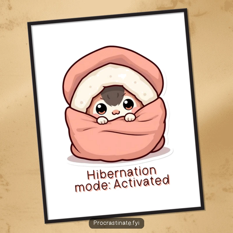 Funny digital art print of a creature hiding under a blanket, with only its eyes peeking out, representing comfort and humor.