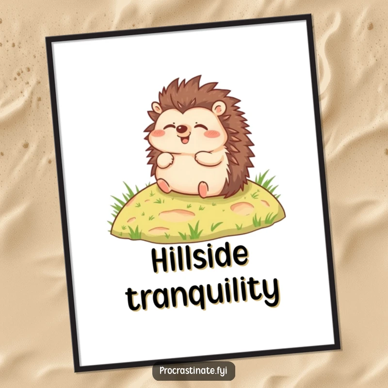 Funny digital art print of a joyful hedgehog rolling slowly down a small grassy hill, ready to download.